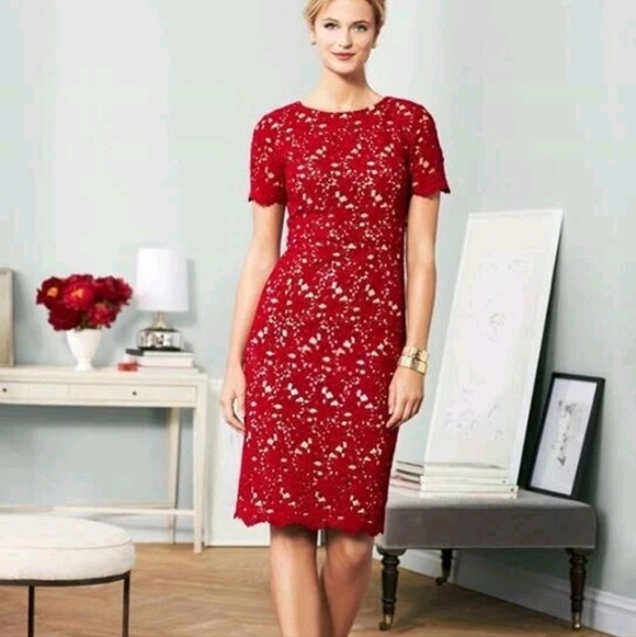 Talbots Red Floral Crochet Overlay Dress Holiday Cocktail Feminine Sheath NEW - Picture 3 of 11